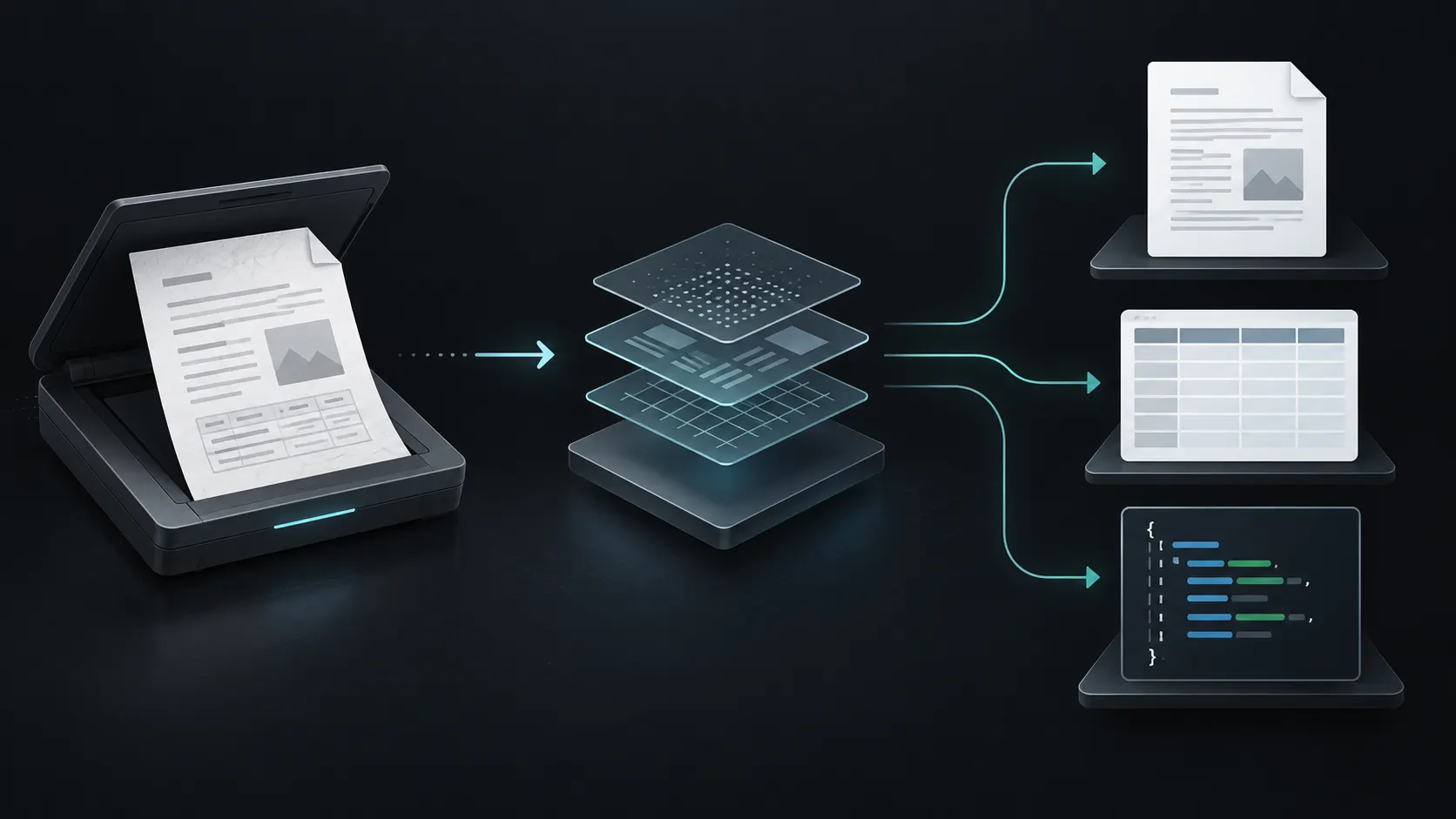 Document processing workflow from scan to editable document, table, and structured data