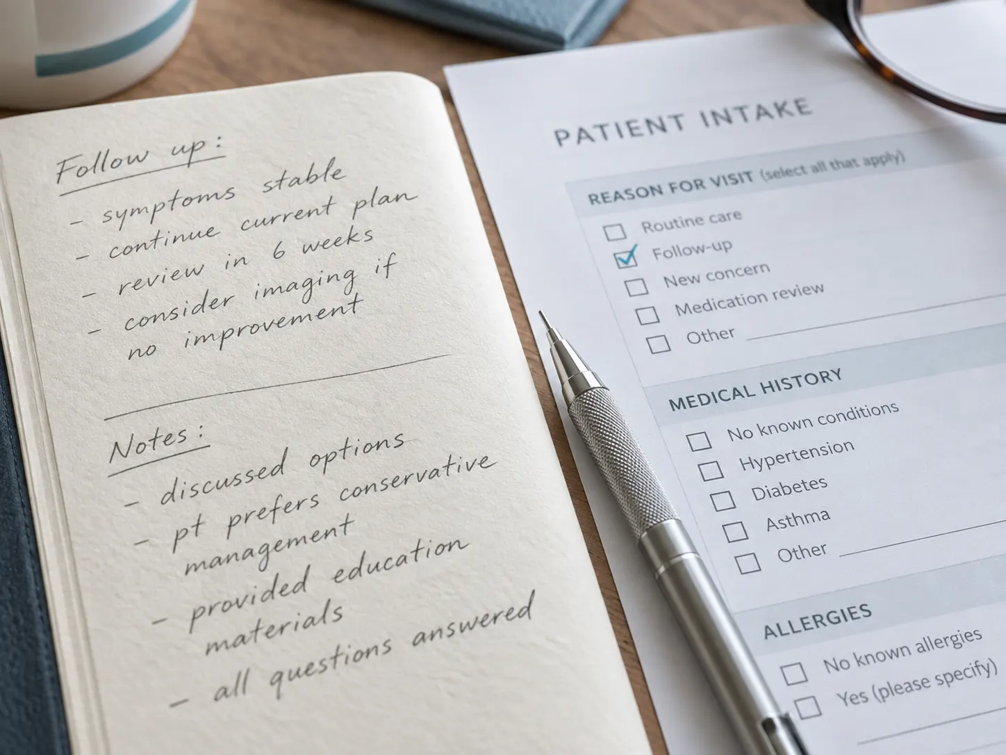 Handwritten clinical notes alongside a structured intake form