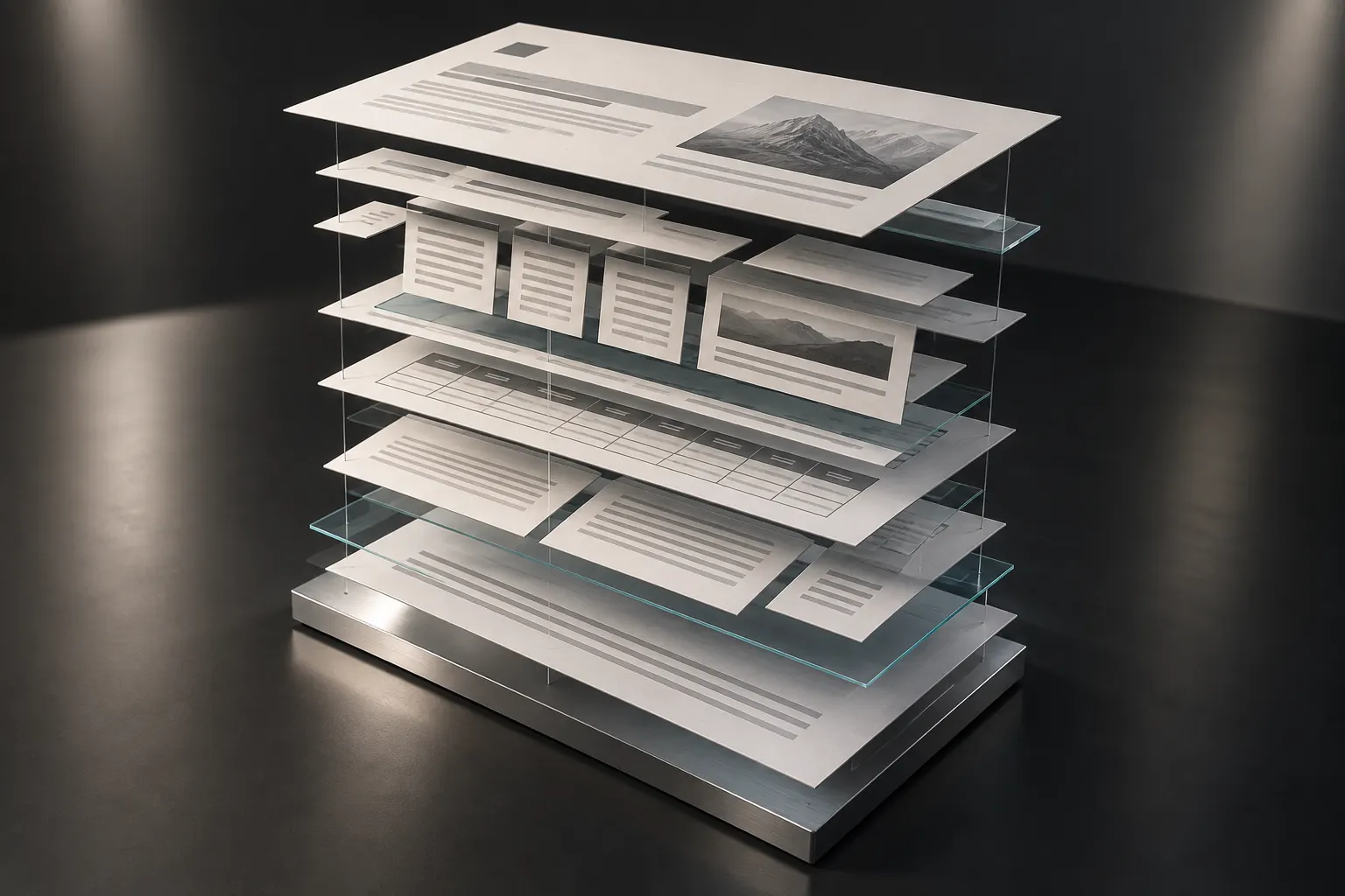 Exploded three-dimensional document showing reconstructed layout layers